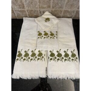 Vintage‎ Dundee 4 Piece Set Bath & Hand Towel Retro Green Floral Embroidery USA